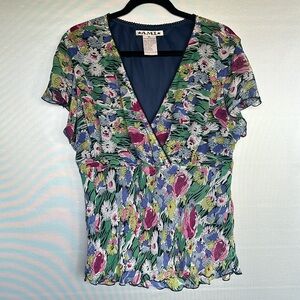 AML vintage multi-color floral sheer rayon blouse v-neck Sz XL short sleeves